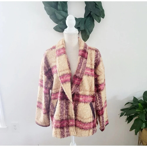 Knox Rose Plaid Faux Fur Multi Color Pink Beige Curly Unlined Jacket Coat 2X XXL - Picture 15 of 15